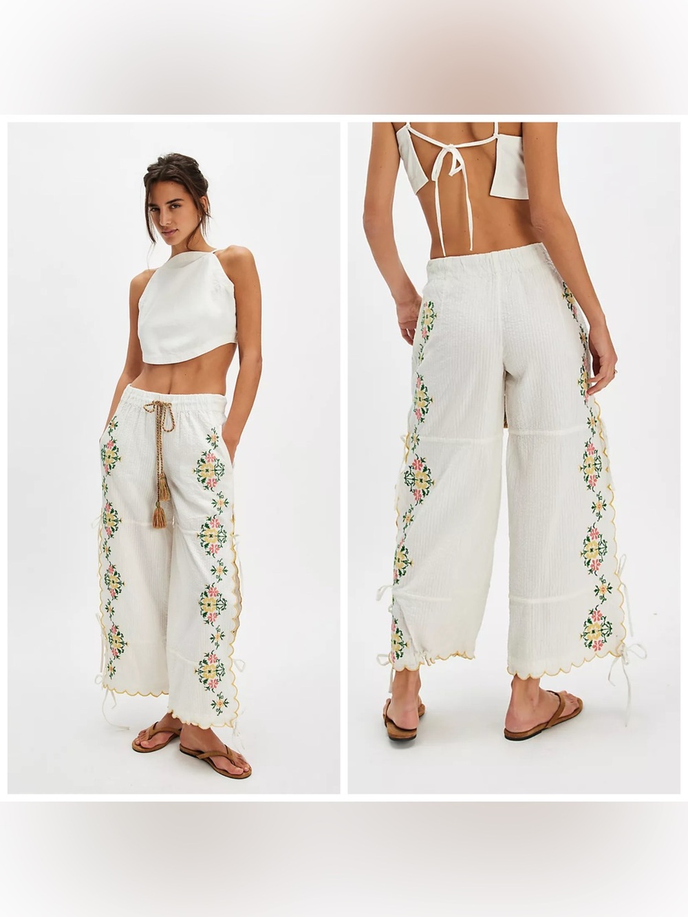 Free People Spring Breeze Tie Pants Embroidered White Floral XS??